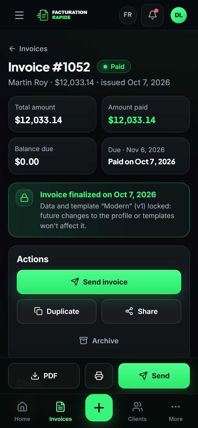 Invoice on a phone: client, total, PDF preview and Send button